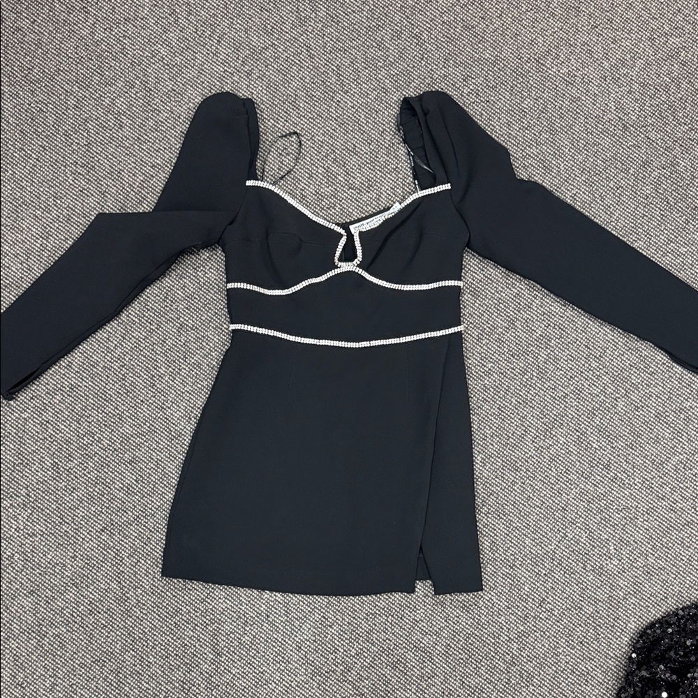Self portrait Black Long-Sleeve Mini Dress with Rhinestone Trim